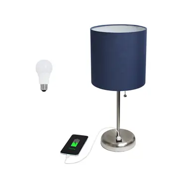 20" Silver Metal USB Table Lamp LED With Navy Blue Drum Shade