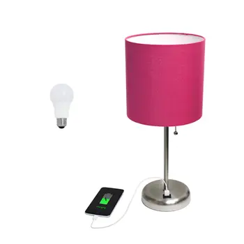 20" Silver Metal USB Table Lamp LED With Pink Drum Shade