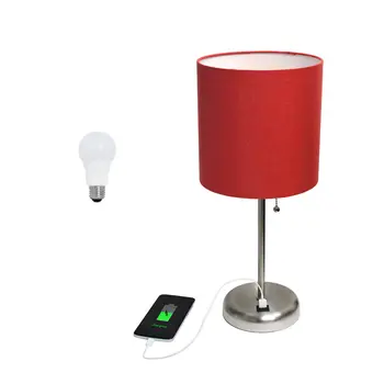 20" Silver Metal USB Table Lamp LED With Red Drum Shade