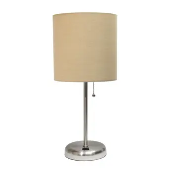 20" Silver Metal USB Table Lamp With Tan Drum Shade