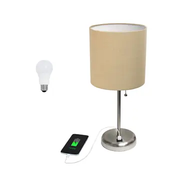 20" Silver Metal USB Table Lamp LED With Tan Drum Shade