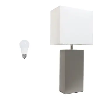 21" Gray Faux Leather Table Lamp LED With White Shade