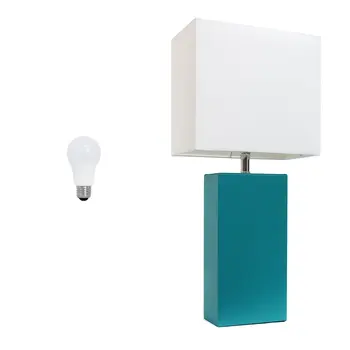 21" Teal Blue Faux Leather Table Lamp LED With White Shade