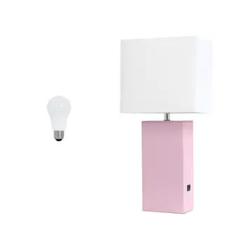 21" Blush Faux Leather USB Table Lamp LED With White Shade