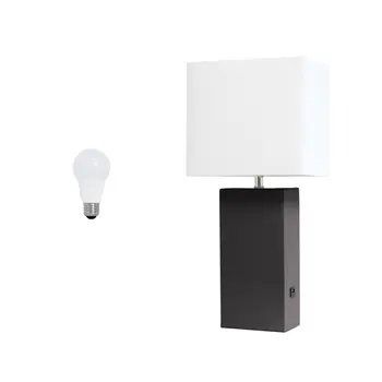 21" Espresso Faux Leather USB Table Lamp LED With White Shade