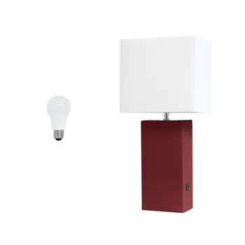 21" Red Faux Leather USB Table Lamp LED With White Shade