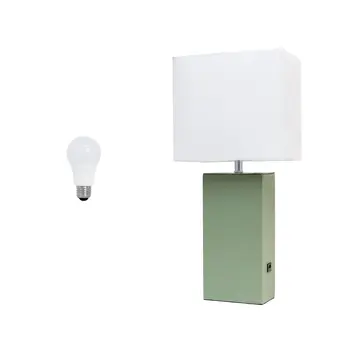 21" Sage Faux Leather USB Table Lamp LED With White Shade
