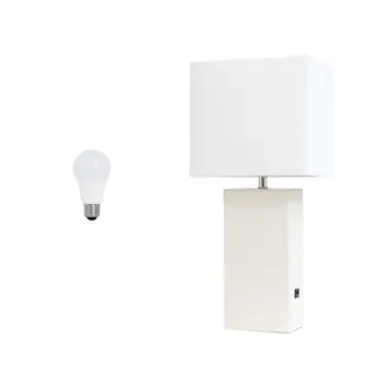 21" White Faux Leather USB Table Lamp LED With White Shade
