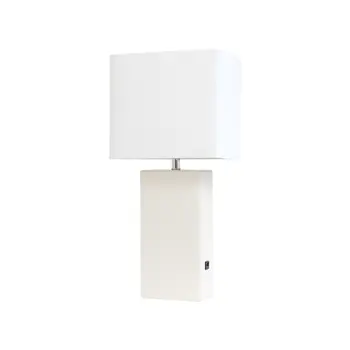 21" White Faux Leather USB Table Lamp LED With White Shade