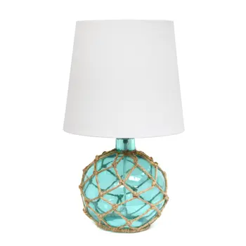 15" Aqua Glass Round Table Lamp With White Drum Shade