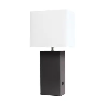 21" Espresso Faux Leather USB Table Lamp LED With White Shade