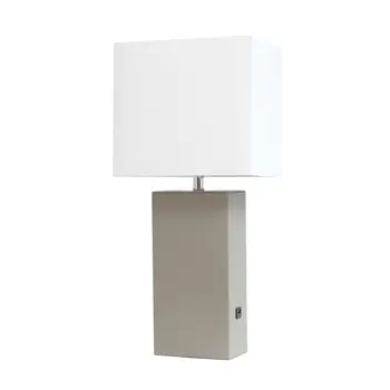 21" Gray Faux Leather USB Table Lamp LED With White Shade