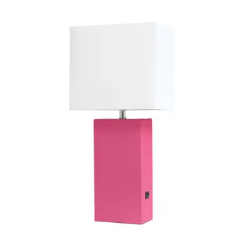 21" Hot Pink Faux Leather USB Table Lamp With White Shade