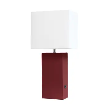 21" Red Faux Leather USB Table Lamp LED With White Shade