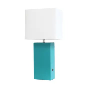 21" Teal Blue Faux Leather USB Table Lamp LED With White Shade