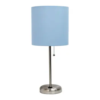 Set of Two 20" Silver Metal Table Lamp With Blue Drum Shade