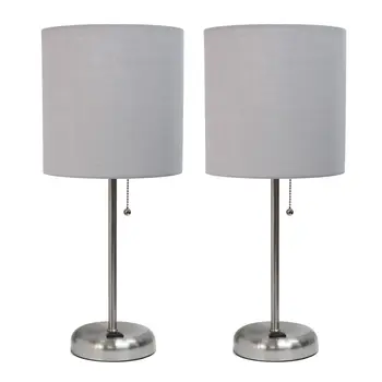 Set of Two 20" Silver Metal Table Lamp With Gray Drum Shade