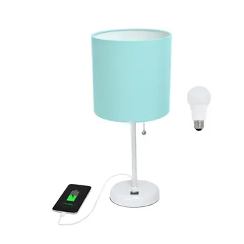 20" White Metal USB Table Lamp LED With Aqua Drum Shade