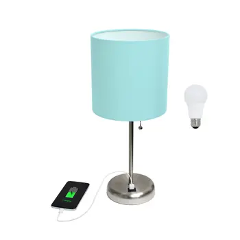 20" Silver Metal USB Table Lamp LED With Aqua Drum Shade