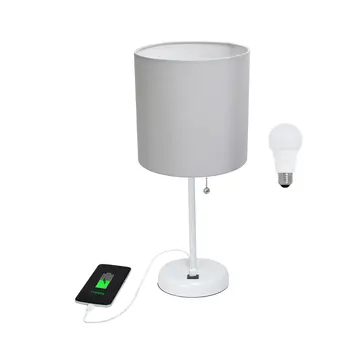 20" White Metal USB Table Lamp LED With Gray Drum Shade