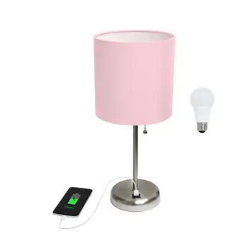 20" Silver Metal USB Table Lamp LED With Light Pink Drum Shade