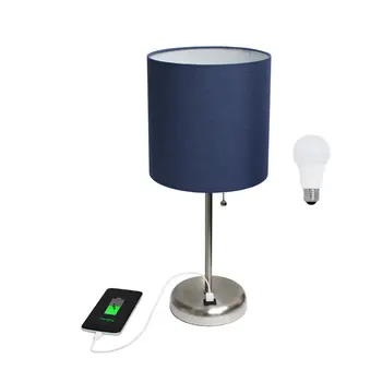 20" Silver Metal USB Table Lamp LED With Navy Blue Drum Shade