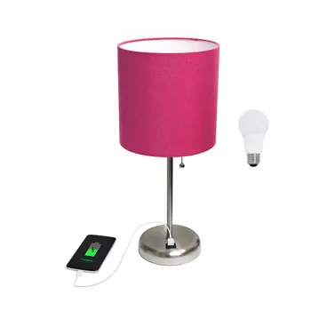20" Silver Metal USB Table Lamp LED With Pink Drum Shade