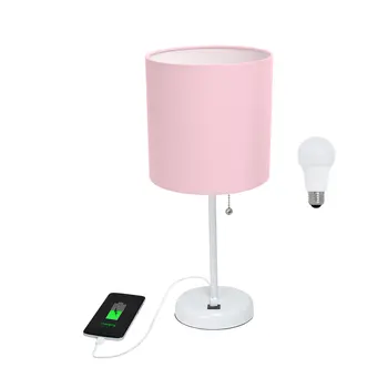 20" White Metal USB Table Lamp LED With Pink Drum Shade