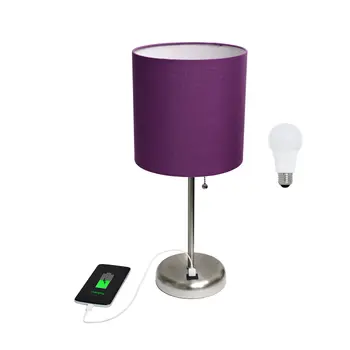 20" Silver Metal USB Table Lamp LED With Purple Drum Shade
