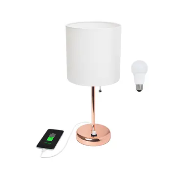 20" Rose Gold Metal USB Table Lamp LED With White Drum Shade
