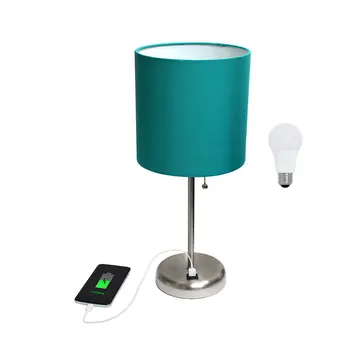 20" Silver Metal USB Table Lamp LED With Teal Blue Drum Shade