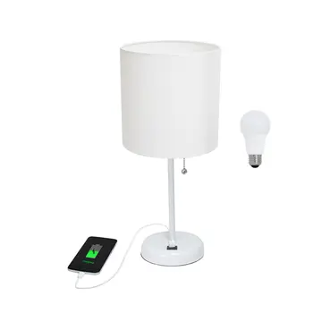 20" White Metal USB Table Lamp LED With White Drum Shade
