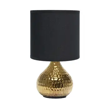 9" Gold Porcelain Round Table Lamp With Black Drum Shade