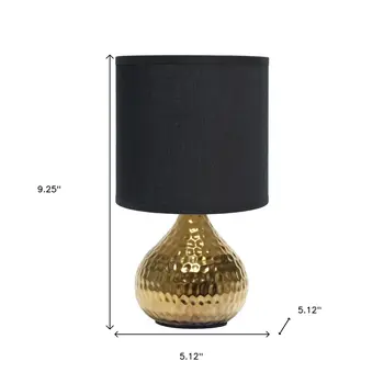 9" Gold Porcelain Round Table Lamp With Black Drum Shade