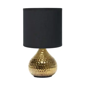 9" Gold Porcelain Round Table Lamp With Black Drum Shade