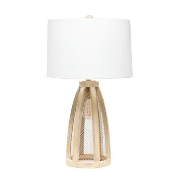29" Natural And White Manufactured Wood And Metal Round Table Lamp With White Drum Shade