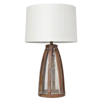 29" Natural Manufactured Wood And Metal Round Table Lamp With White Drum Shade