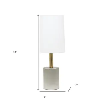 18" Gray And Antiqued Brass Concrete And Metal Table Lamp With White Drum Shade