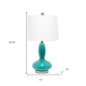 23" Teal Blue And Silver Glass And Metal Novelty Table Lamp With White Drum Shade