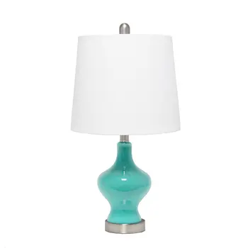 23" Teal Blue And Silver Glass And Metal Novelty Table Lamp With White Drum Shade