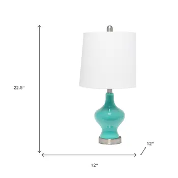 23" Teal Blue And Silver Glass And Metal Novelty Table Lamp With White Drum Shade