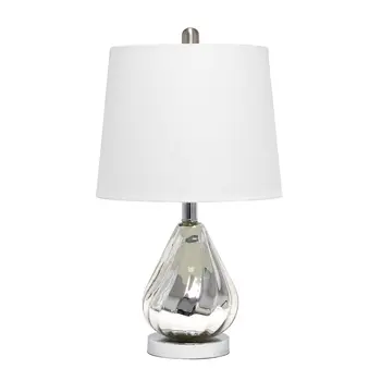 21" Silver Glass And Metal Round Table Lamp With White Drum Shade