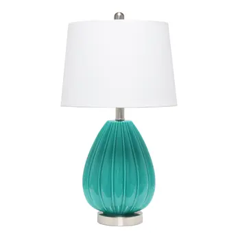 23" Teal Blue And Silver Glass And Metal Novelty Table Lamp With White Drum Shade