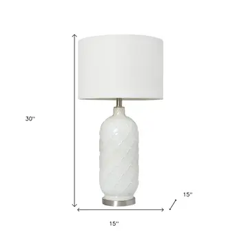 30" White And Nickel Glass Novelty Table Lamp With White Drum Shade