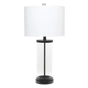28" Black And Clear Glass And Metal Table Lamp With White Drum Shade