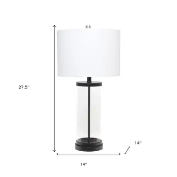 28" Black And Clear Glass And Metal Table Lamp With White Drum Shade