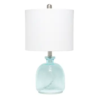 20" Blue Glass Round Table Lamp With White Drum Shade