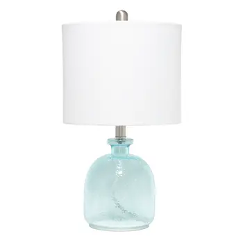 20" Blue Glass Round Table Lamp With White Drum Shade
