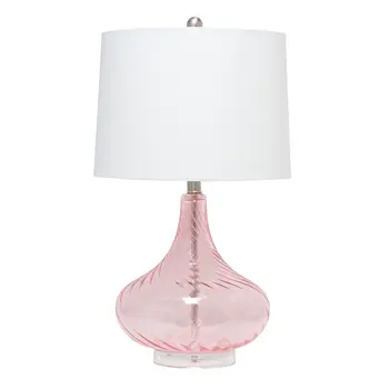 24" Light Pink Glass Round Table Lamp With White Drum Shade