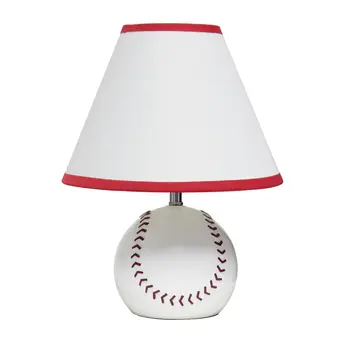 12" White And Red Ceramic Round Table Lamp With White And Red Empire Shade